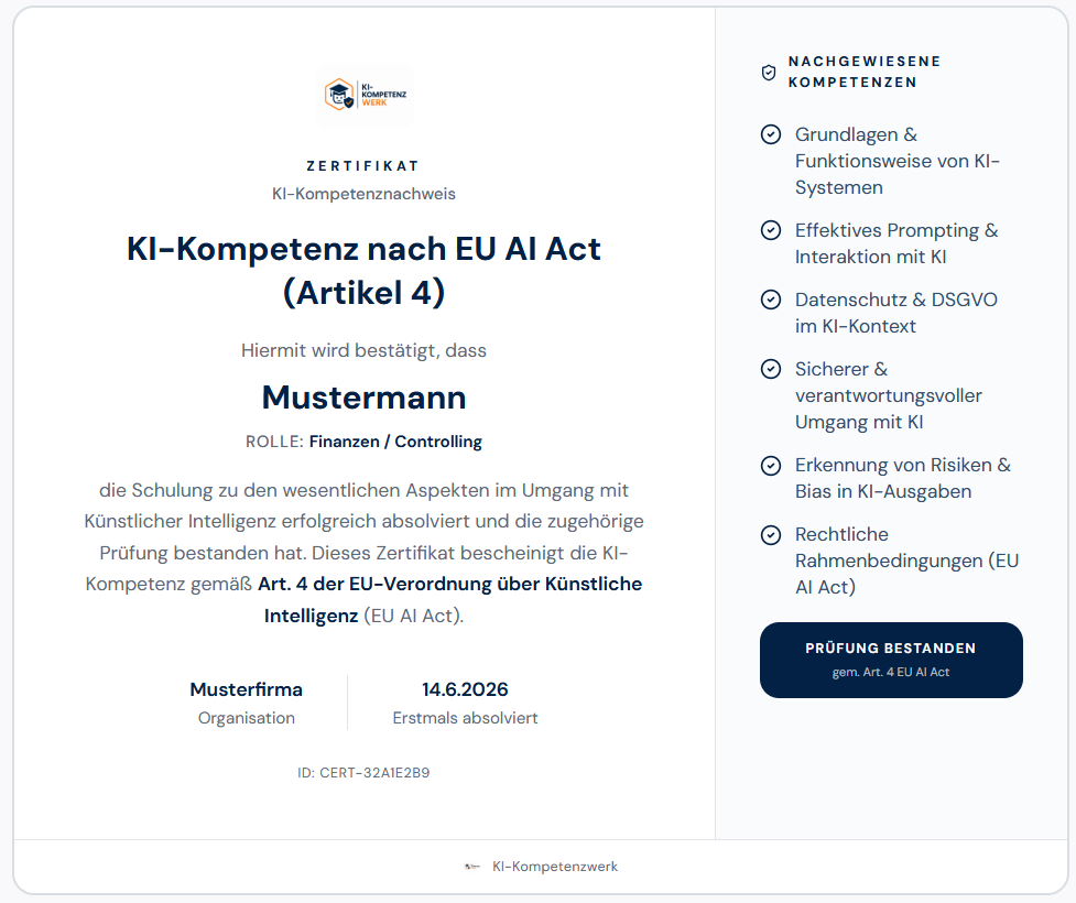 Beispiel Zertifikat KI-Kompetenznachweis